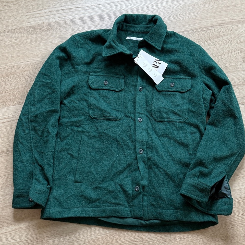 Zara Dark Green Casual Button-Down Shirt Jacket